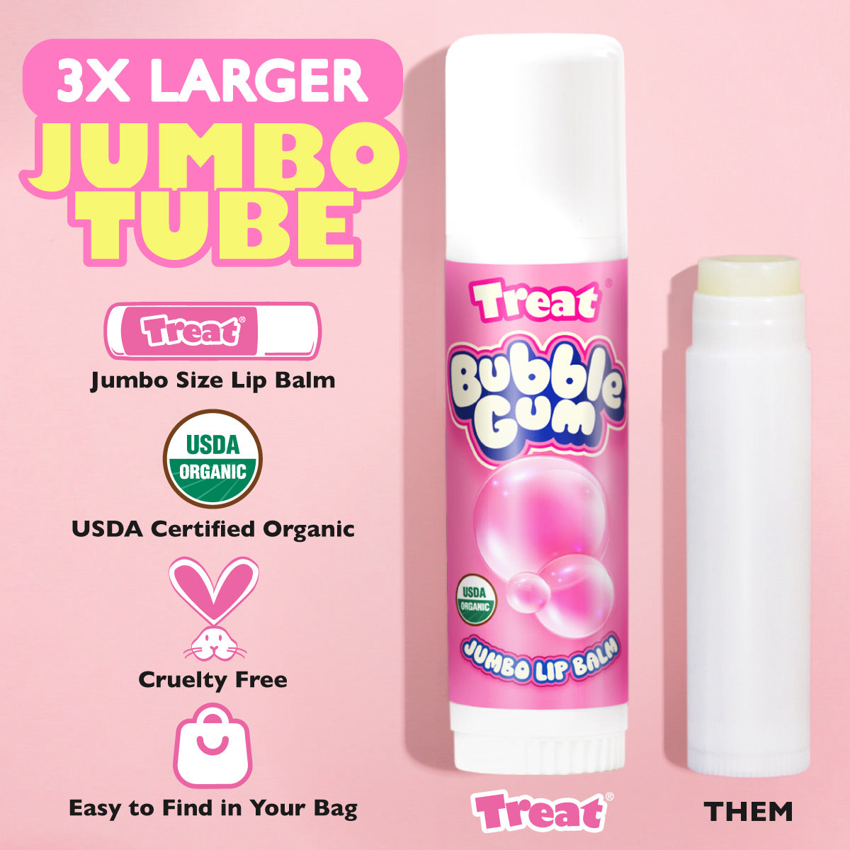 Treat Bubble Gum lip balm with packaging on a pink background