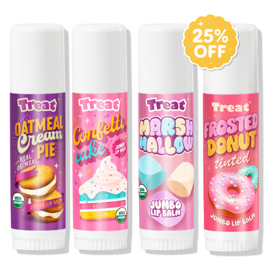 Four Treat lip balms with colorful labels on a white background, featuring a 25% off badge.