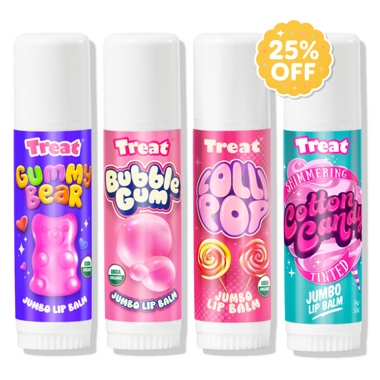 Four Treat lip balm tubes with colorful labels on a white background, featuring a 25% off badge.