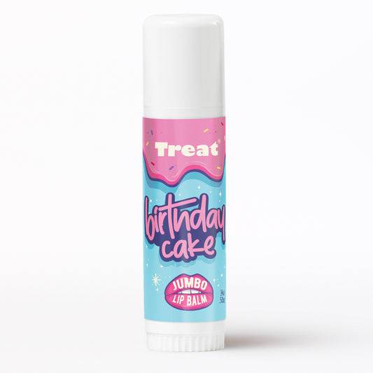 Treat Beauty Birthday Cake Jumbo Organic Lip Balm. Birthday Cake flavored lip balm in a jumbo size tube.