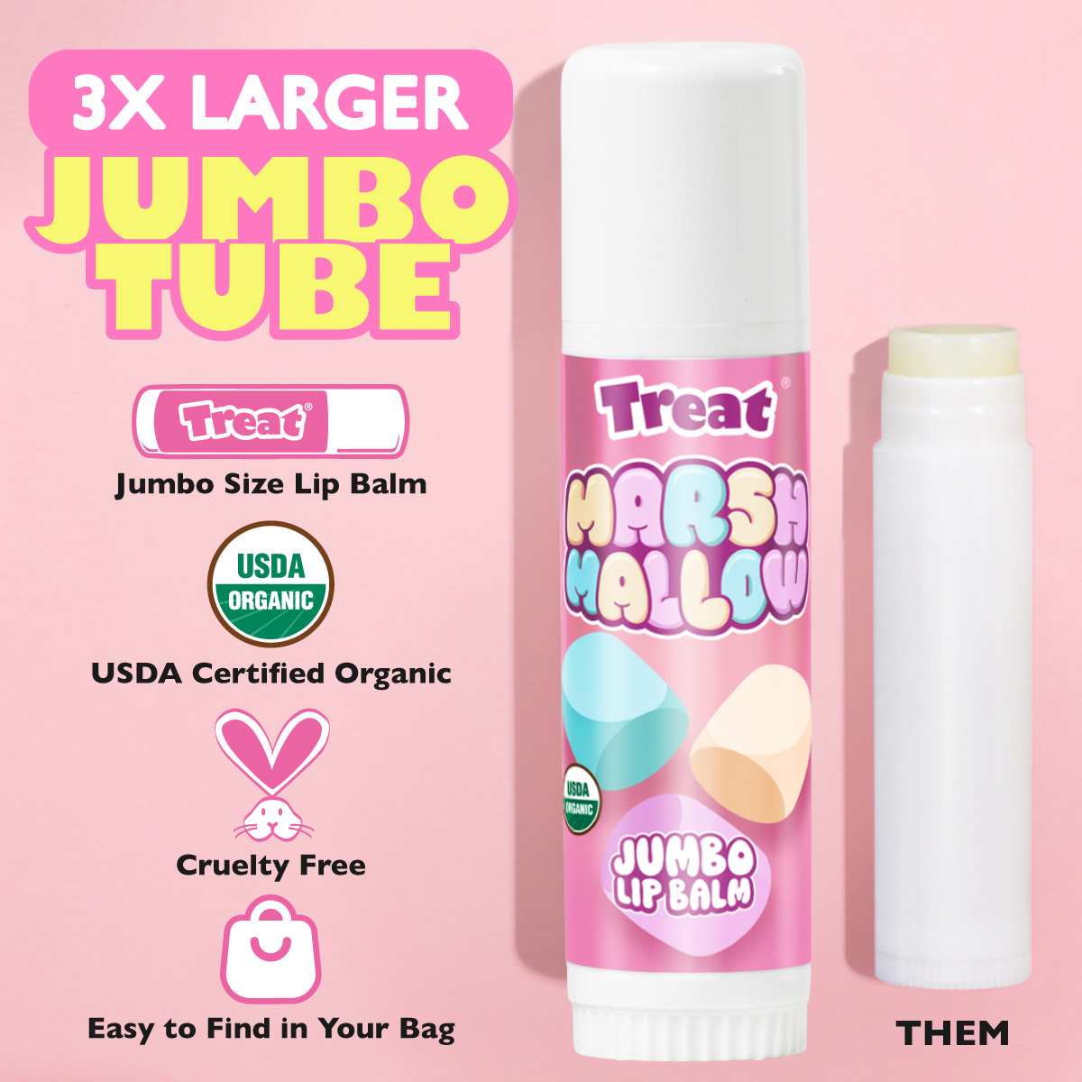 Treat Marshmallow jumbo lip balm on a pink background with branding and product details.