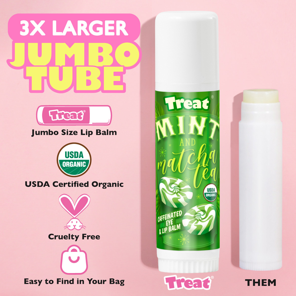 Treat Mint and Matcha Tea lip balm with green label on pink background