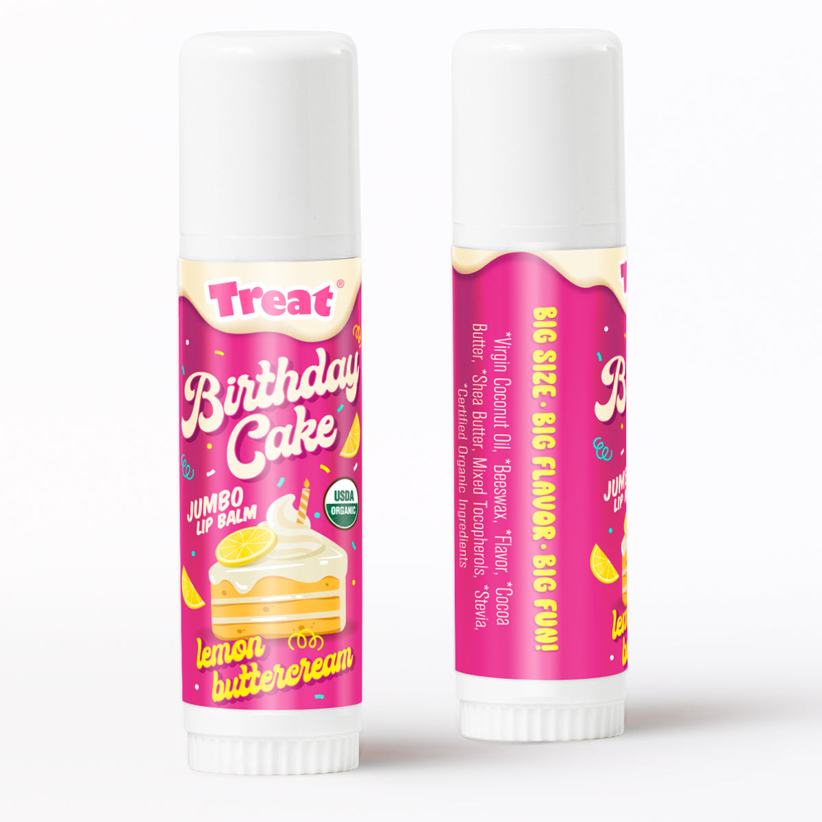 Two lip balms with 'Birthday Cake' flavor packaging on a white background