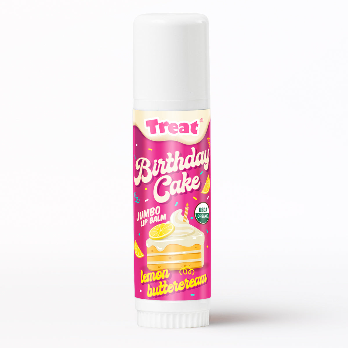 Lip balm with 'Birthday Cake' flavor packaging on a white background