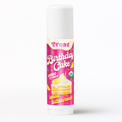 Lip balm with 'Birthday Cake' flavor packaging on a white background