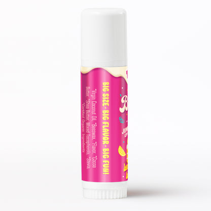 Lip balm with pink packaging and white cap on a white background