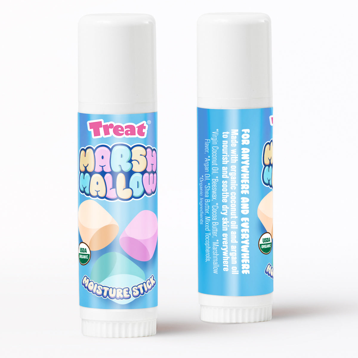 Two marshmallow-flavored moisture sticks with blue labels on a white background