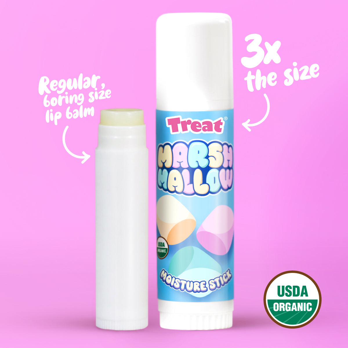 Marshmallow-flavored lip balm stick with 'Treat' branding on a pink background