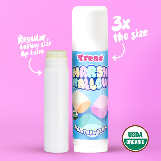 Marshmallow-flavored lip balm stick with 'Treat' branding on a pink background