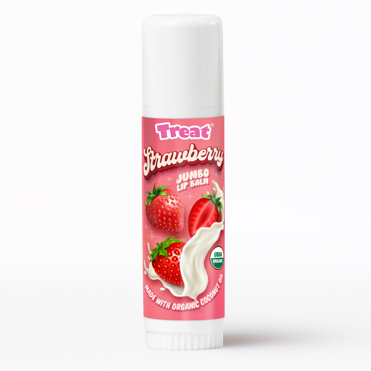 Strawberry-flavored lip balm with a pink label on a white background