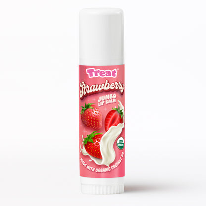 Strawberry-flavored lip balm with a pink label on a white background