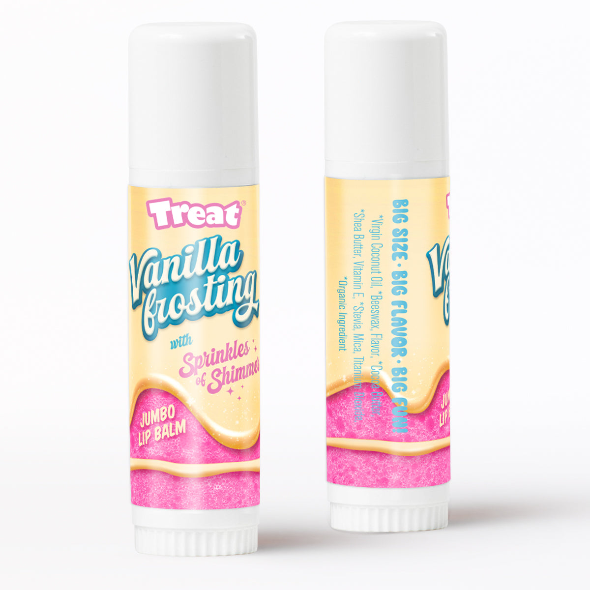 Two lip balms with 'Vanilla Frosting' flavor on a white background
