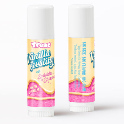 Two lip balms with 'Vanilla Frosting' flavor on a white background