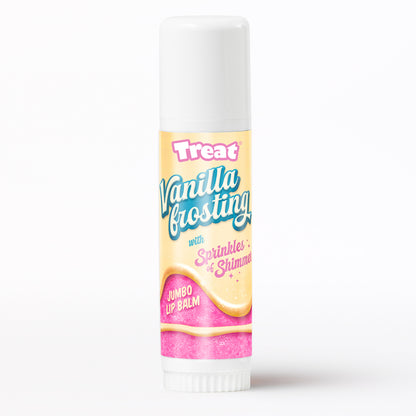 Lip balm with 'Vanilla Frosting' flavor on a white background