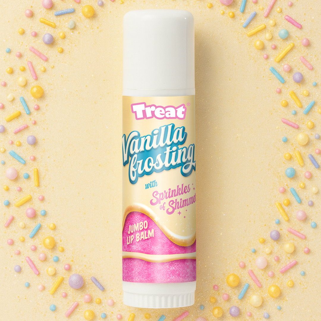 Vanilla frosting lip balm with sprinkles on a yellow background