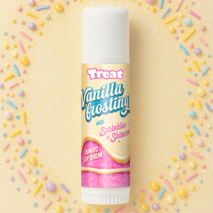 Vanilla frosting lip balm with sprinkles on a yellow background