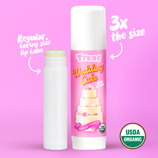 Treat Wedding Cake lip balm on a pink background with text indicating size comparison and USDA Organic certification.