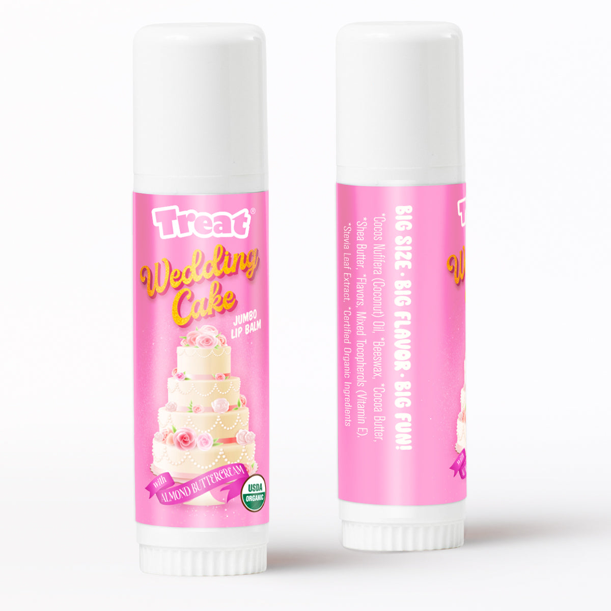 Two lip balm sticks with pink labels on a white background