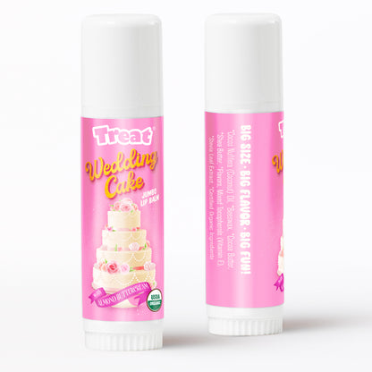 Two lip balm sticks with pink labels on a white background
