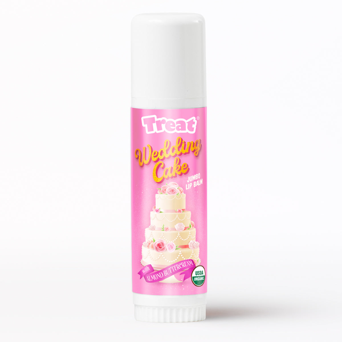 Lip balm with 'Wedding Cake' flavor on a white background