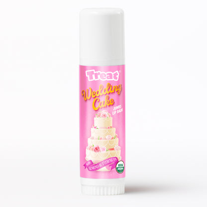 Lip balm with 'Wedding Cake' flavor on a white background
