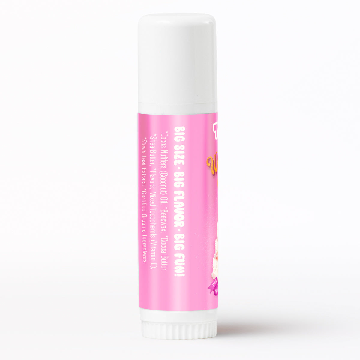Pink and white lip balm tube on a white background