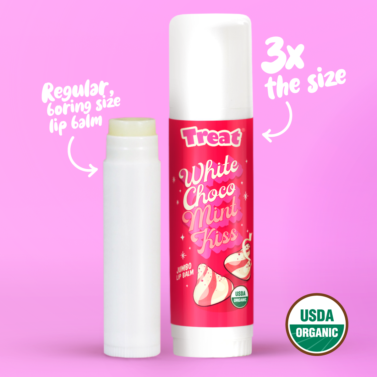 Lip balm with a pink label on a pink background, featuring the brand 'Treat'.