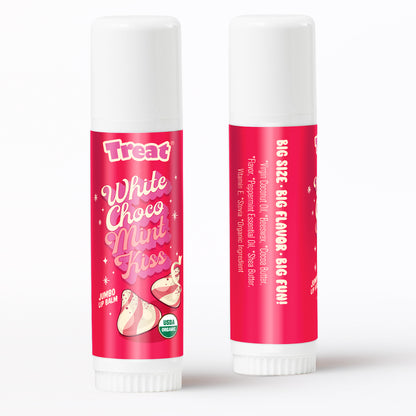 Two lip balm sticks with pink labels on a white background