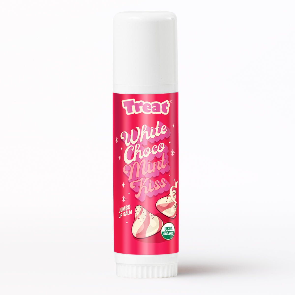 Lip balm with a pink label on a white background