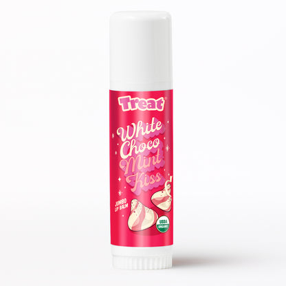 Lip balm with a pink label on a white background