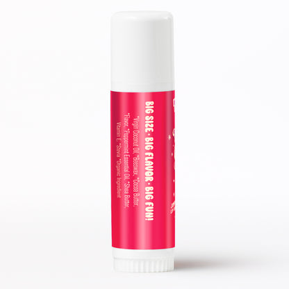 Lip balm with red label and white cap on a white background