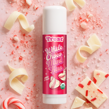 Lip balm with 'White Choco Mint Kiss' flavor on a pink background with candy elements.