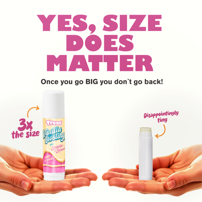Two lip balm containers held in hands with text 'Yes, size does matter' and 'Once you go BIG you don't go back!'.